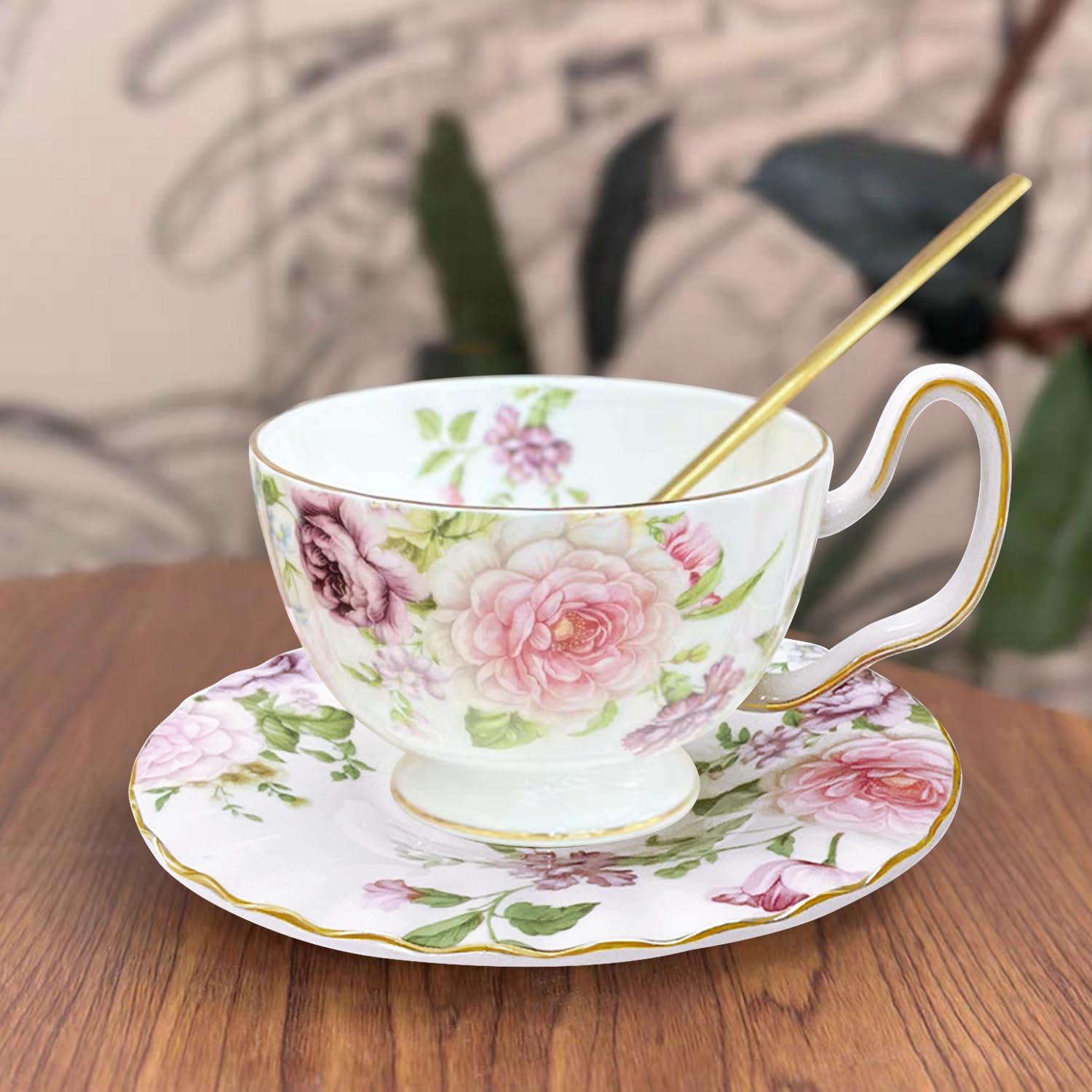 fanquare Porcelain Tea Cup and Saucer Set, Vintage Floral Coffee Mug, 5 Ounces Bone China Tea Cup with Gold Trim, Elegant British Tea Cups - Image 2