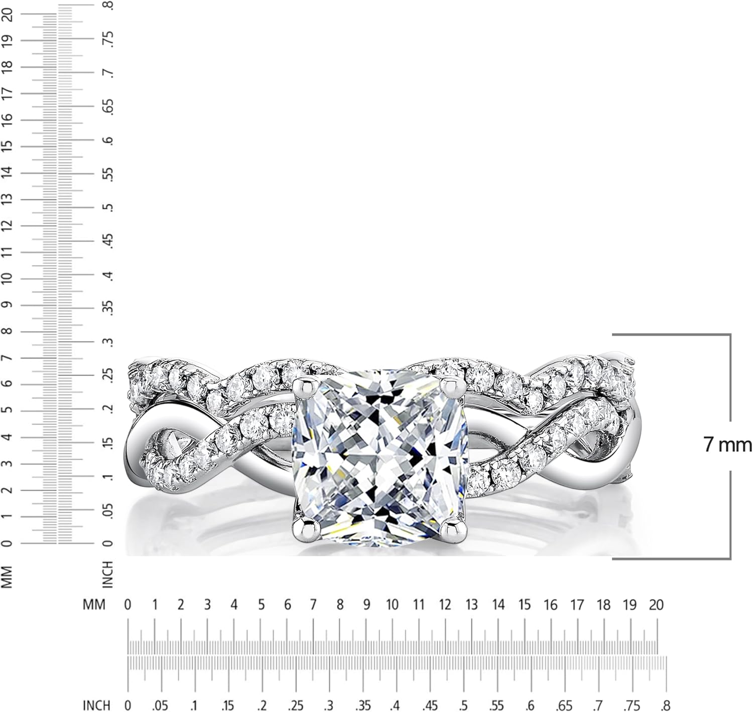 Metal Masters 2Ct. Cushion Cut Moissanite Engagement Bridal Set Tulip Basket Setting Contoured Infinity Twist Wedding 18K White Gold Over Silver