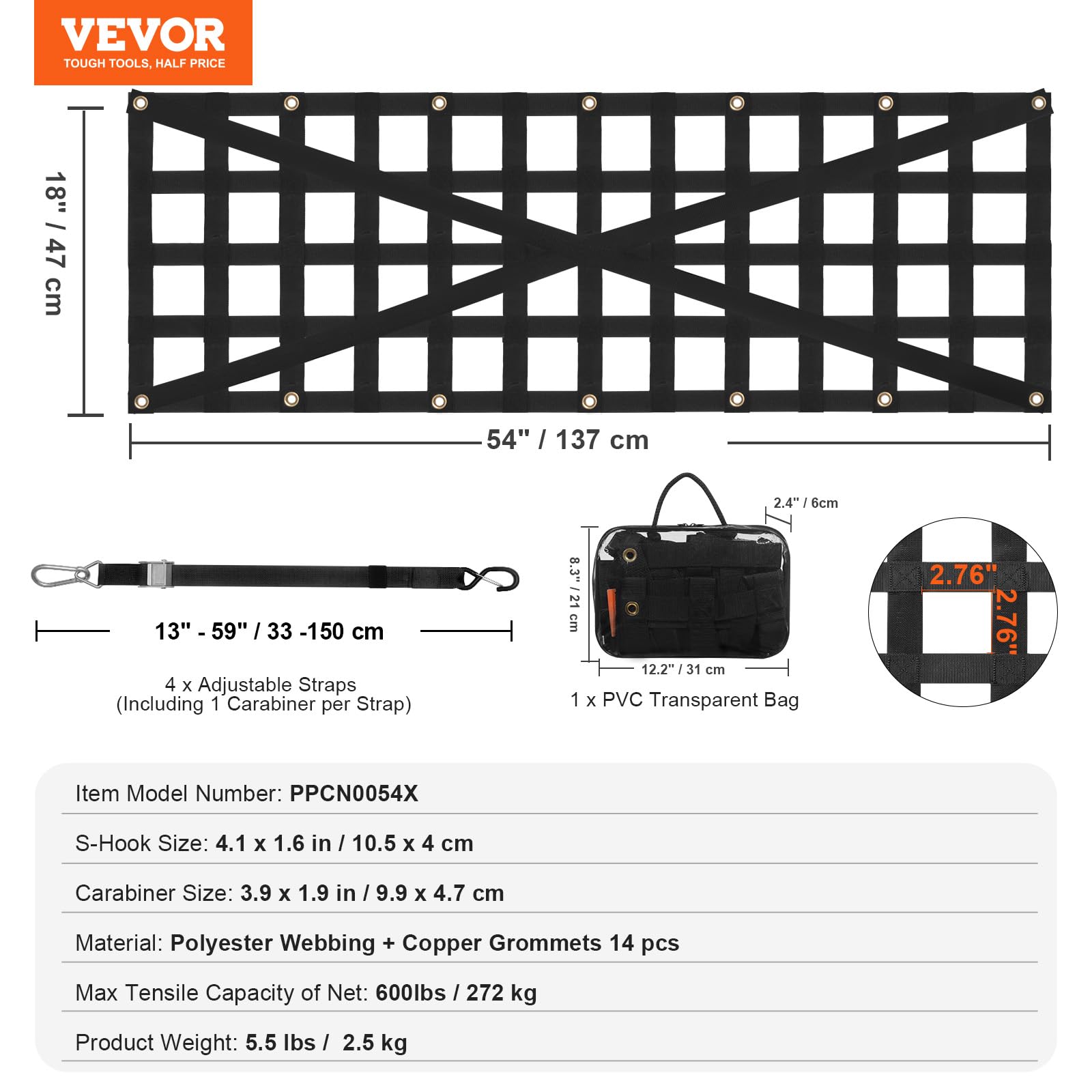 VEVOR Red para Portón Trasero 137 x 46 cm Red de Carga Resistente para Caja de Camioneta con 4 Correas Telescópicas Ajustables Diseño Reforzado Adecuada para Camionetas, Camiones, Remolques, SUV