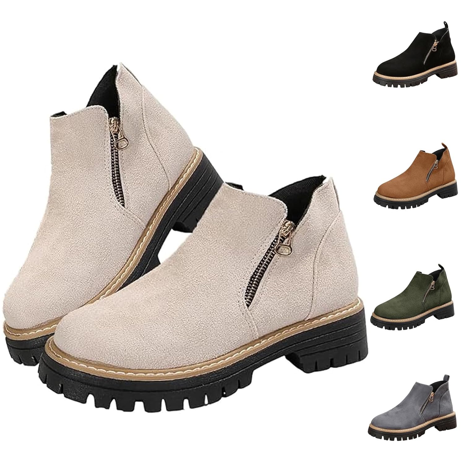 Womens Round-Toe Ankle Boots with Side Zipper Fall Women Large-size Chunky Platform Boots Soft Insole Stylish Comfortable Lightweight