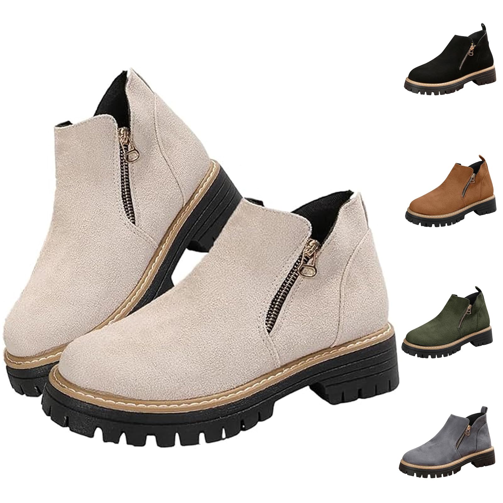 Womens Round-Toe Ankle Boots with Side Zipper Fall Women Large-size Chunky Platform Boots Soft Insole Stylish Comfortable Lightweight