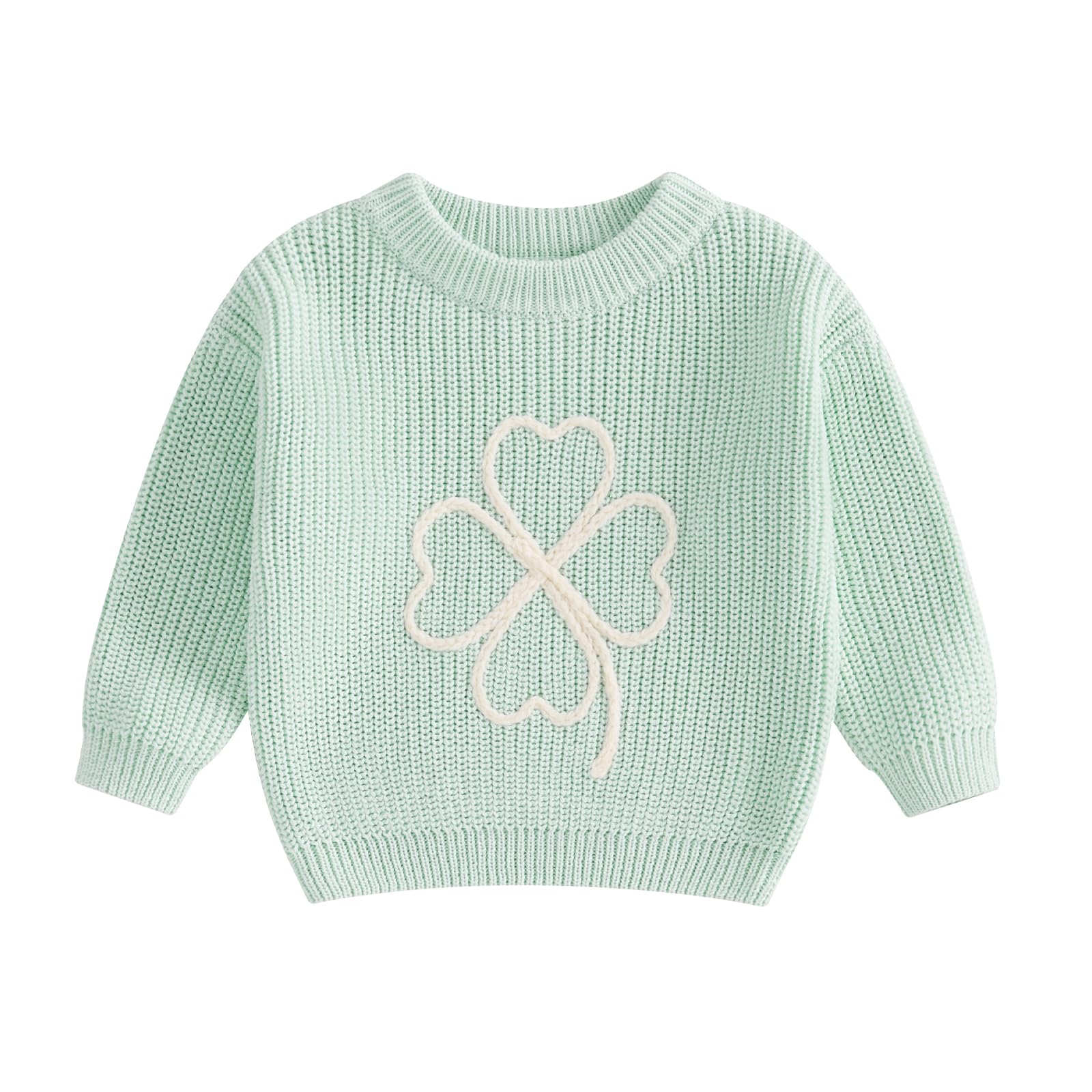 Socutebabe Baby St. Patricks Day Outfit Toddler Shamrock Embroidery Knit Sweater Pullover Sweatshirt Winter Spring Clothes (Green, 9-12 Months)