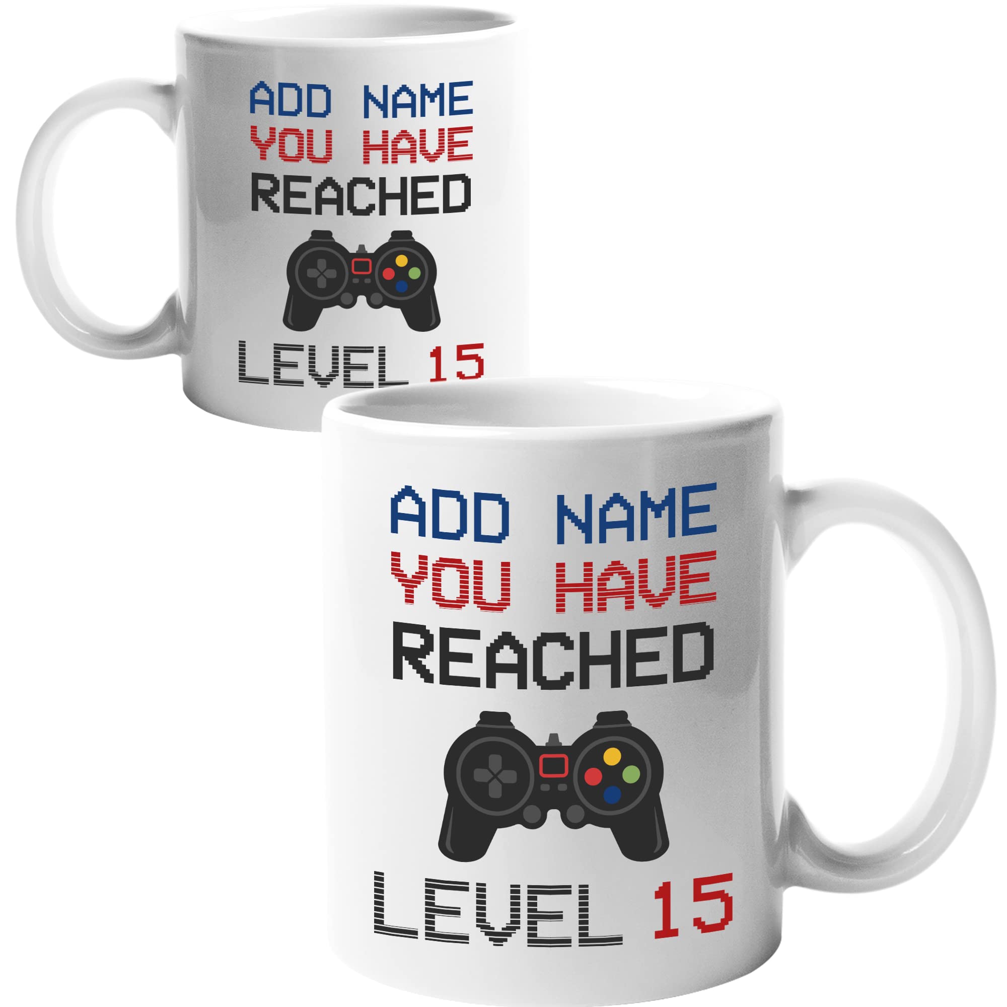 Mr Jeans 15th Birthday Gamer Gift - Personalised Mug/Cup - Add Name - Level 15 Gamer Mug, Birthday Gifts for Boys or Girls, Novelty Mug, Video Game Design, Gaming Gifts for Him or Her