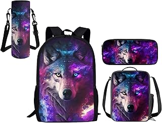 Showudesigns Galaxy Wolf Bookbag With Lunch Box for Boys 7-10/10-12 Kids Schoolbag Elementary School Backpack Pencil Case Lunch Bags Insulated Tote Bag Water Bottle Holder Daypack Purple
