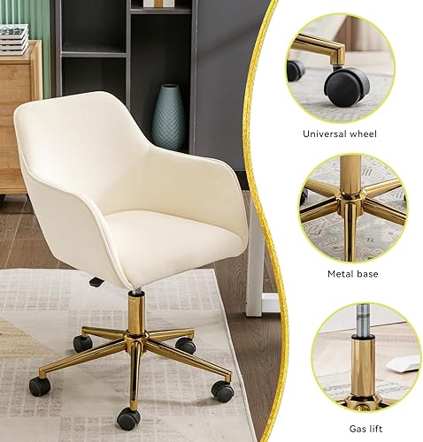 Miniatura 3 de Silla de oficina en casa de terciopelo, bonita silla giratoria de escritorio con ruedas, moderna silla de tocador ajustable con base de metal dorado