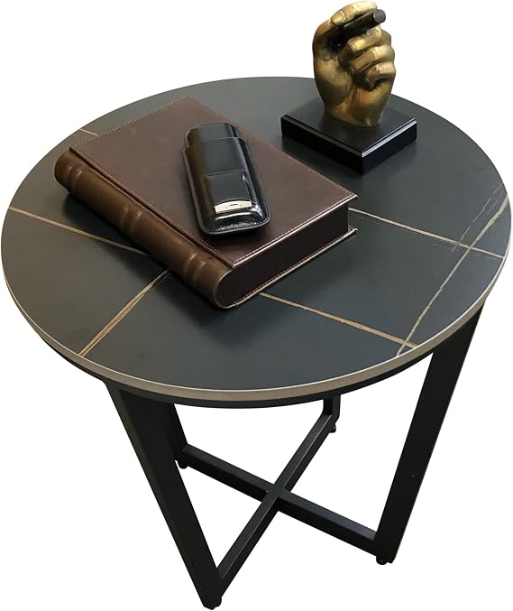 Prestige Import Group Black Marble Design Sintered Stone Top & Black Iron Base Occasional Table - 19.7 H x 19.7 Diameter