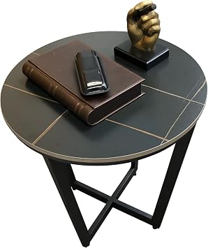 Prestige Import Group Black Marble Design Sintered Stone Top & Black Iron Base Occasional Table - 19.7 H x 19.7 Diameter