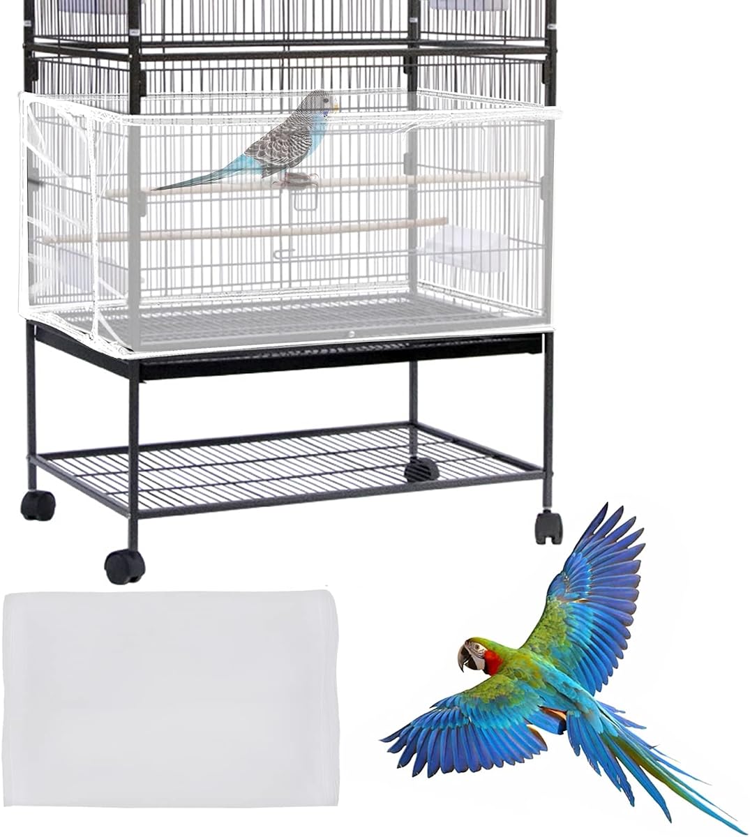 Daoeny Large Bird Cage Cover, Bird Cage Seed Catcher, Adjustable Soft Airy Nylon Mesh Net, Birdcage Cover Skirt Seed Guard for Parrot Parakeet Macaw African Round Square Cages (White)