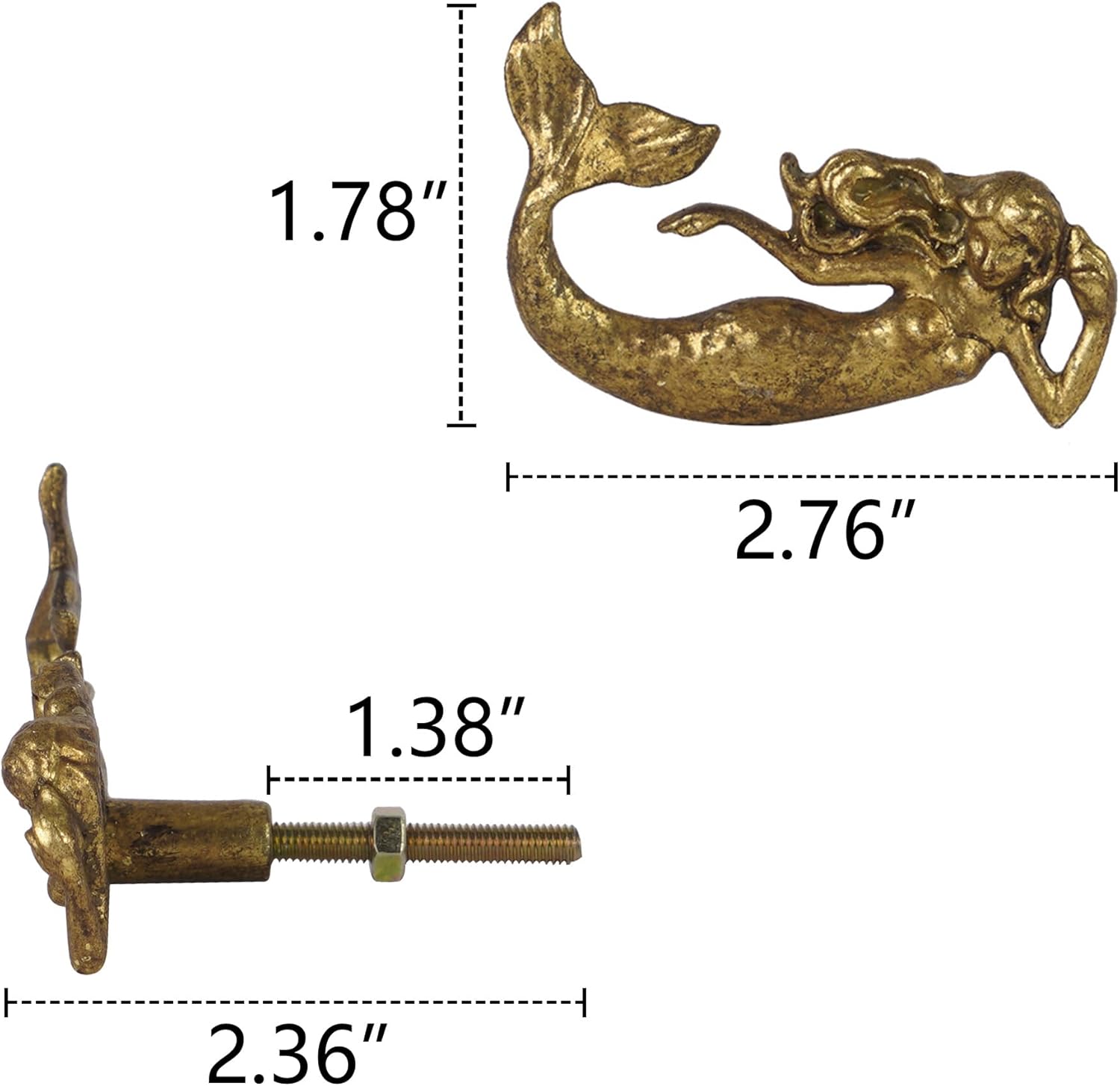 SOFFEE DESIGN Set of 2 Vintage Mermaid Cabinet Knobs for Drawer, Ocean Beach Theme Aged Treatment Antique Door Knobs with Mounting Screws for Cupboard, Kitchen Furniture (4pcs Gold)