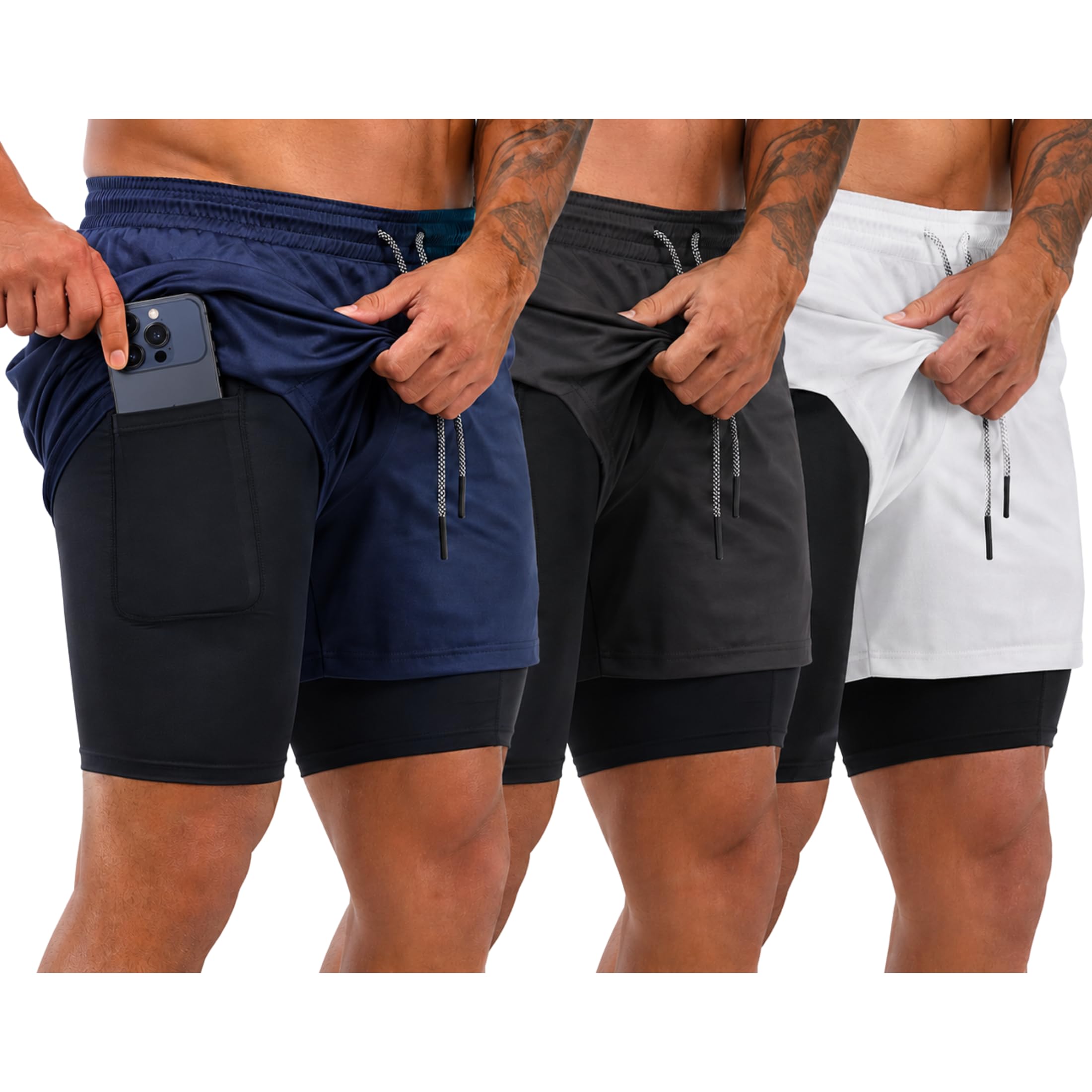 Pack de 3 Pantalones Cortos Hombre Deporte 2 en 1 con Malla integrada | 4 Bolsillos, Cinta Trasera Portatoallas, Resistentes, Transpirables, de Secado Rápido, Gym, Crossfit, Running, Padel