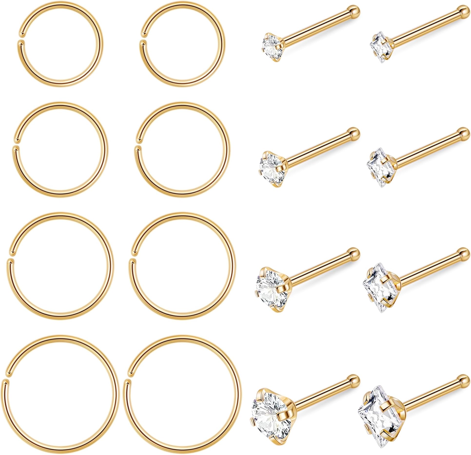 16PCS 20G 22G 316L Stainless Steel Nose Rings for Women Men L Screw Bone Shaped CZ Nose Studs Nose Rings Hoops Nose Piercing Jewelry