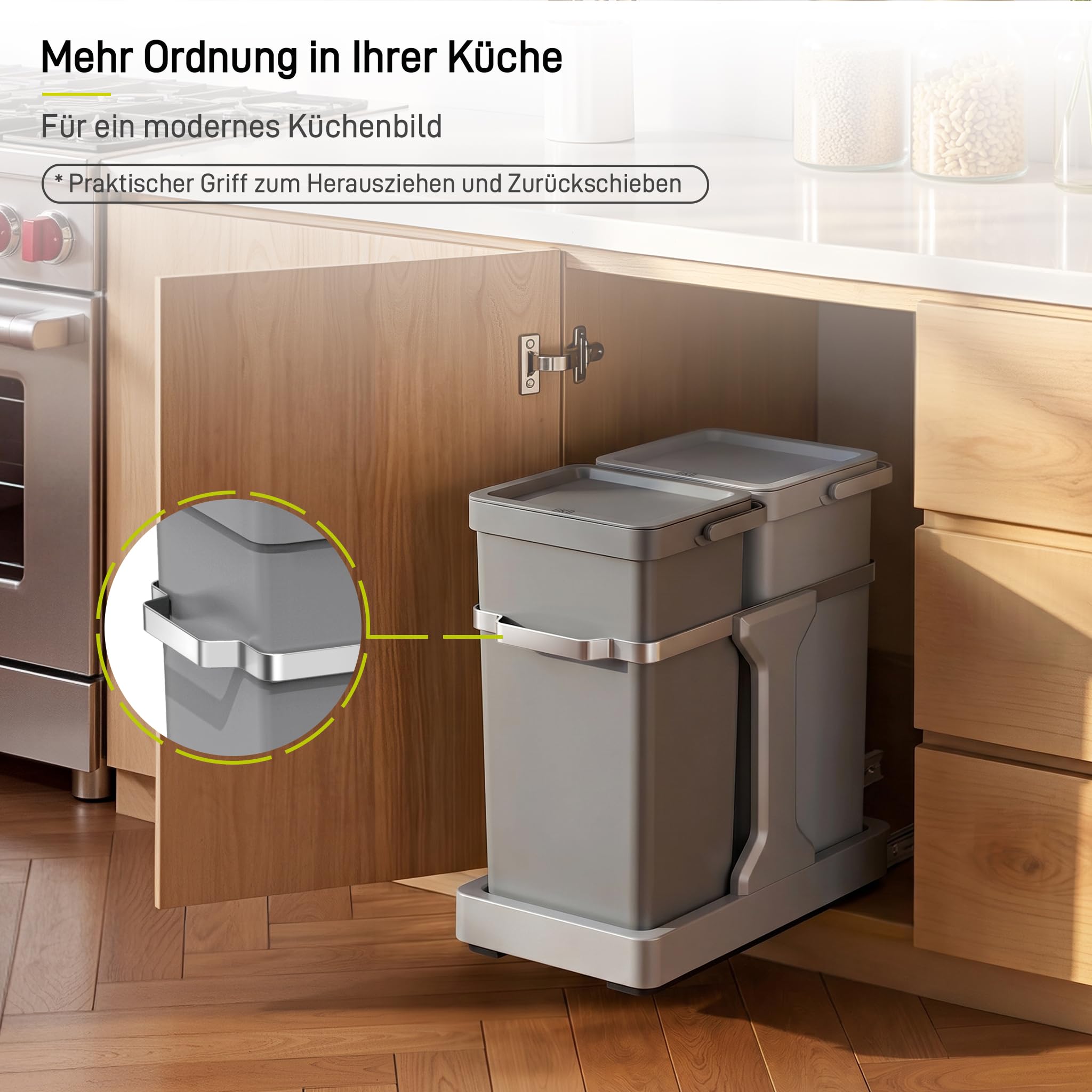 EKO DECO Mülleimer Küche Unterschrank, 20 L + 15 L, 2-fach Mülltrennsystem, ausziehbarer Mülleimer unter Spüle, Abfalleimer mit Deckel, Griff und Beutelhalter, platzsparend & leicht zu reinigen, Grau