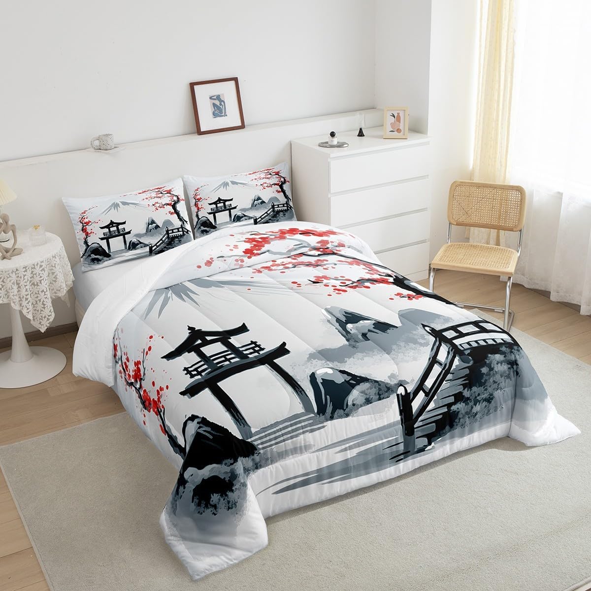 Erosebridal Japanese Style Bedding Set Cherry Blossoms Comforter Set,Mount Fuji Quilt Set Branches Sakura Flowers Down Comforter,Ink Painting Style Vintage Luxury Bedroom Decor Kids Teens Adults,Queen