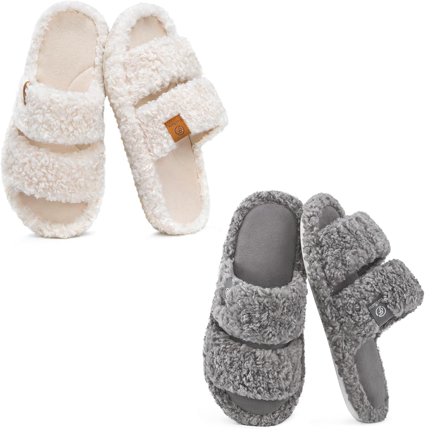 EverFoams Women's Set of 2 Pairs - Fuzzy Open-toe Slippers (Size 9-10, Elegant Mocha) - Fuzzy Open Toe Slippers (Size 9-10, Cool Gray)