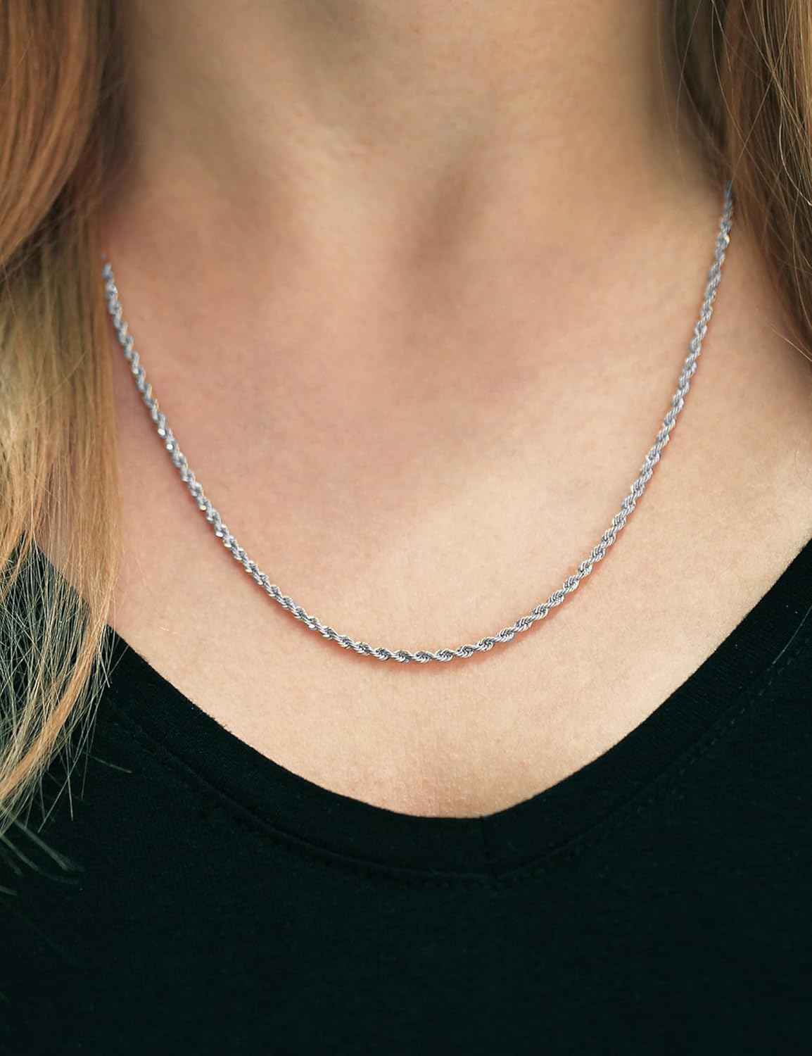 Silver Plated Rope Chain Necklace for Women, 3mm Dainty Silver Rope Link Chain Necklace 22 Inches - Image 2