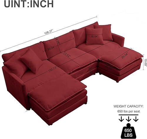 Miniatura 39 de Sofá modular modular de pana de 108.27 pulgadas para sala de estar con 3 asientos, 1 otomana y 3 almohadas, cómodos sofás de nube con otomana móvil,