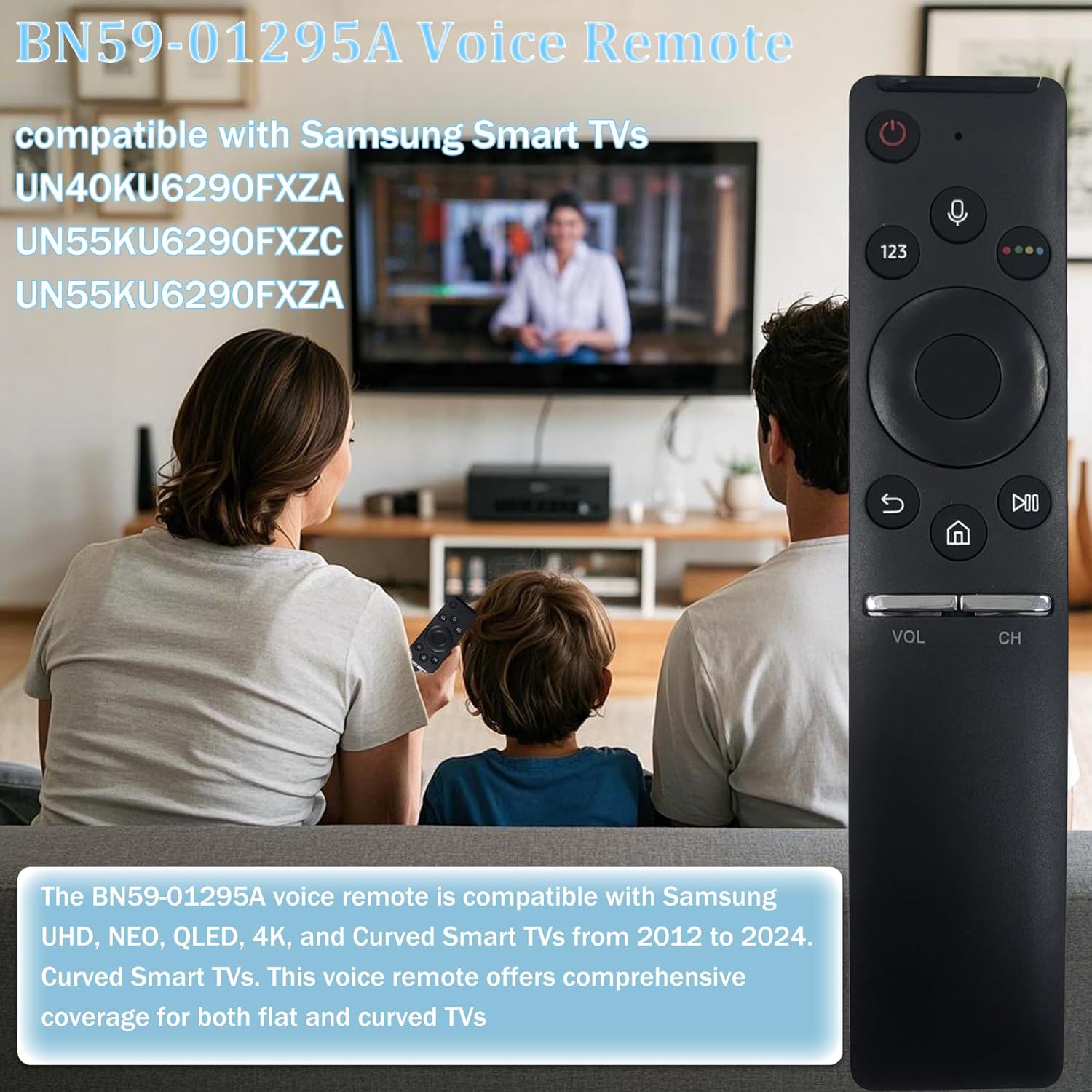 BN59-01295A Voice Remote Compatible with Samsung Smart TVs 2024-2012, Works with Samsung Smart Curved QLED 4K Series Smart TV, Replace BN59-01178W/BN59-01295A/BN59-01259E/BN59-01259D, 5 Years Warranty