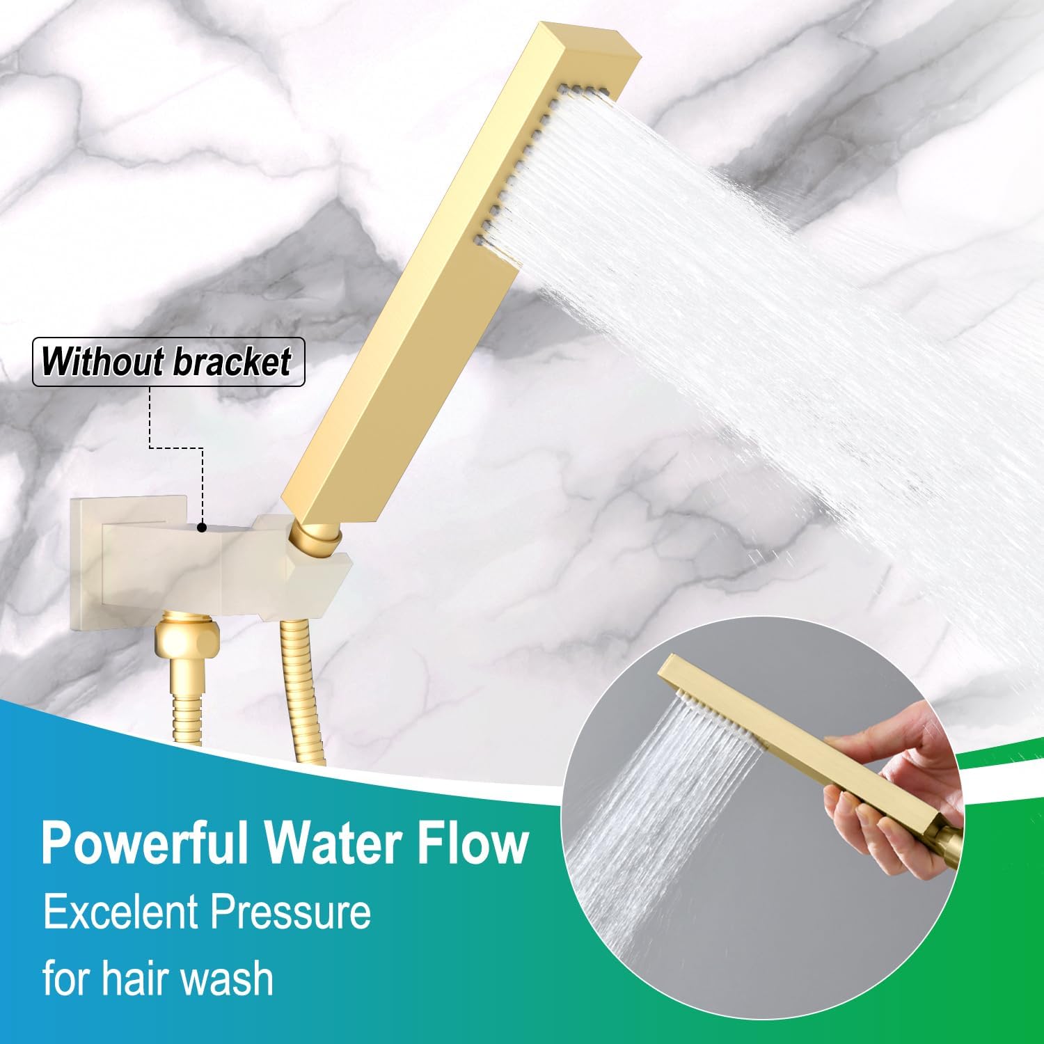 Enga Square Brass Hand Held Shower Head with Hose, Full Body Coverage Powerful Handheld Showerhead Replacement (Without Holder), Brushed Gold