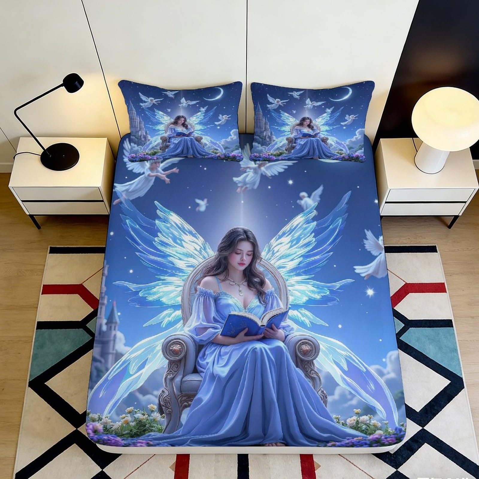 Pnayamiorkfel Style-6 3D Printed Fantasy Angel Fitted Sheet Microfiber Soft Blue Bedroom Decor Dream Wings Mattress Cover For Home 90X200x25cm