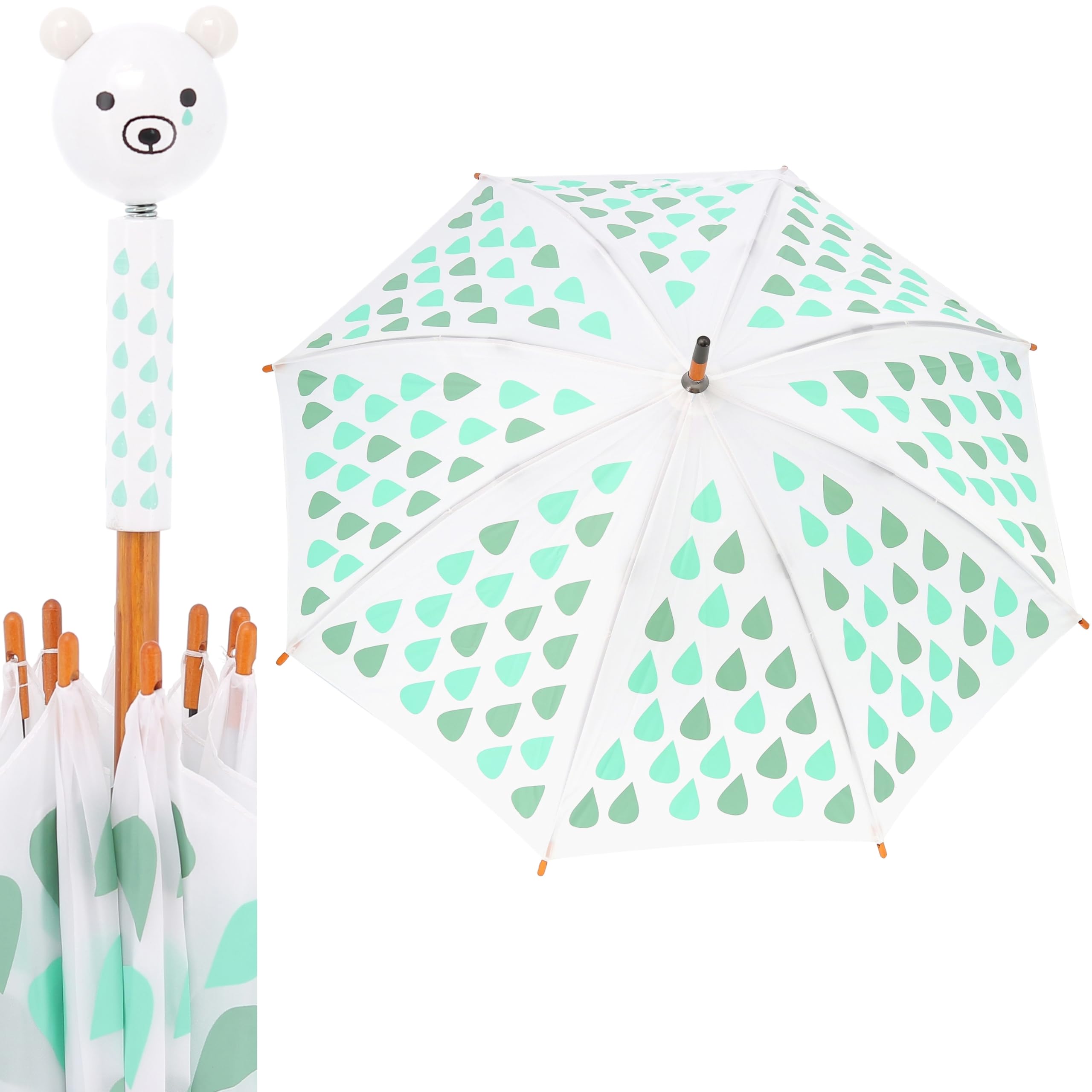 Vilac Kids' Umbrella, Anti-Pinch Finger System, Carbon Ribs, Solid Resistant Lacquered Wooden Handle, Made in Jura France, Designed by Shinzi Katoh, 3 Yrs+, 70 cm, Sora Polar Bear, Green Raindrops