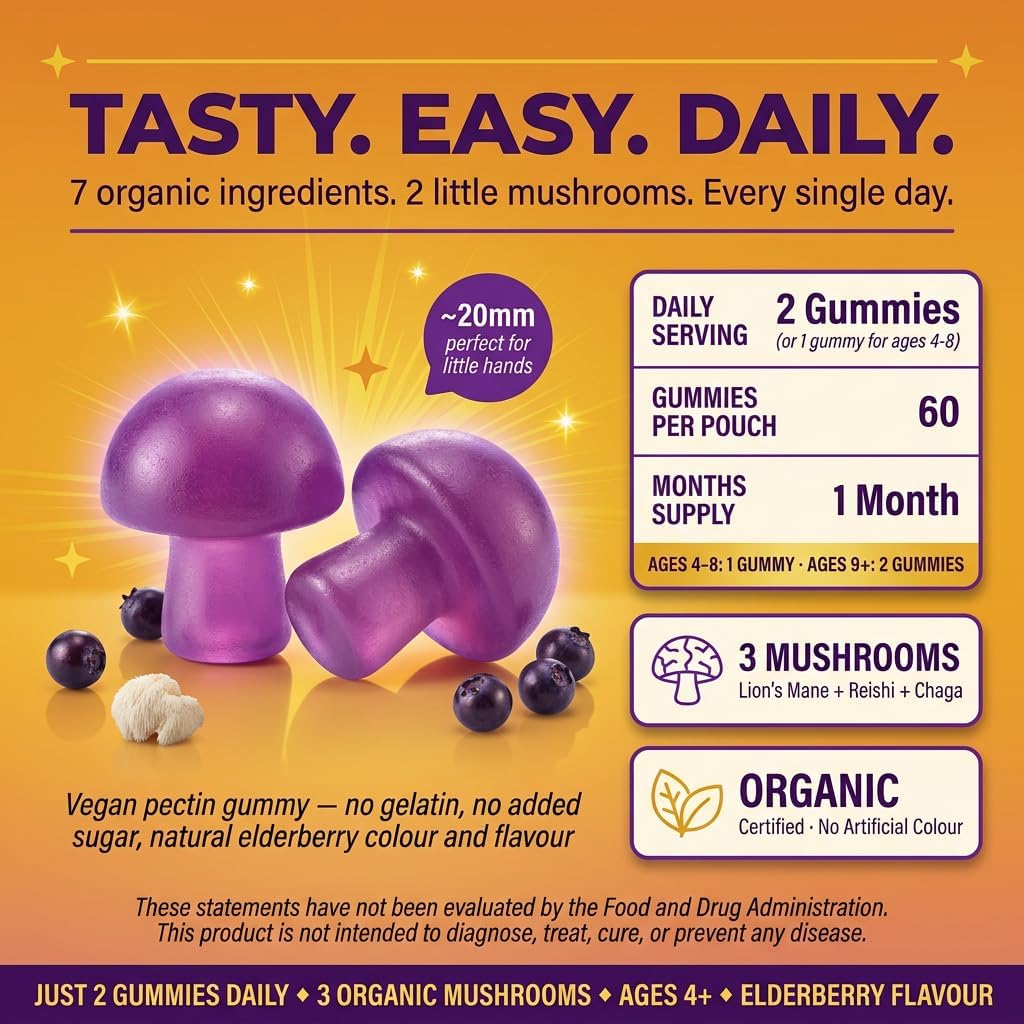 Kids Mushroom Gummies with Lion’s Mane, Reishi, Chaga, Vitamin C, D3 & Zinc | Vegan Elderberry Flavor | Sugar-Free, Non-GMO, Natural Fruiting Body Extracts | 60 Gummies for Kids Ages 4+