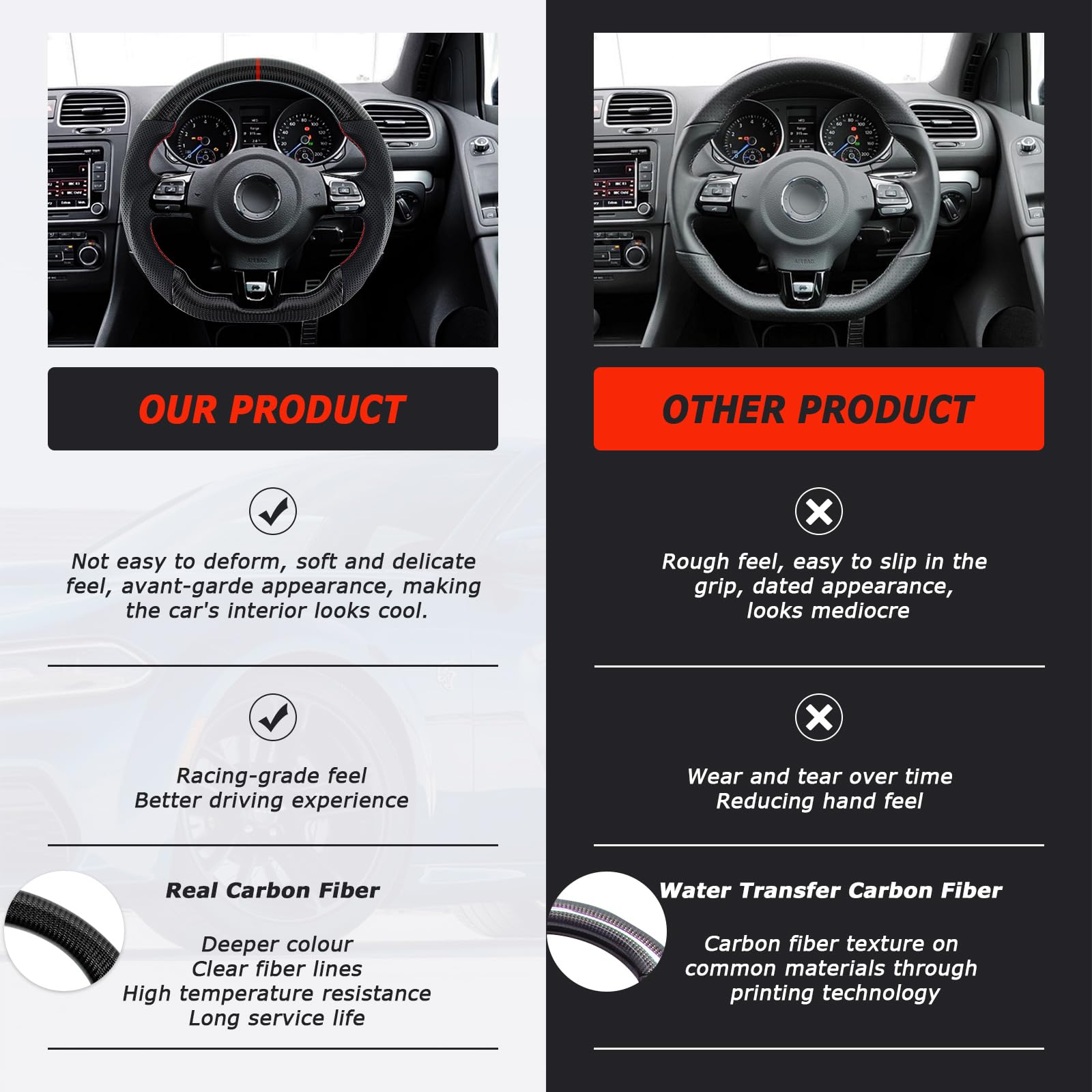 Volante in fibra di carbonio, volante in pelle, a D con fondo piatto e cuciture rosse, manico in pelle traforato per VW Volkswagen Golf MK6 GTI 2008-2014
