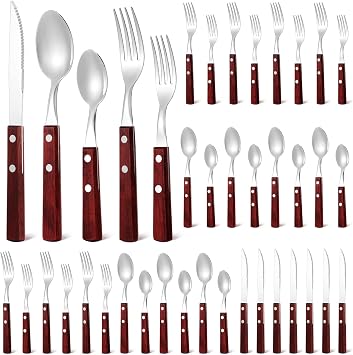 40 Pcs Wooden Handle Silverware Cutlery Set Walnut Handle 18/8 (304) Stainless Steel Cutlery Set Wooden Handle Knife Fork Spoon Reusable Utensils Serves for 8 (Mahogany Color)