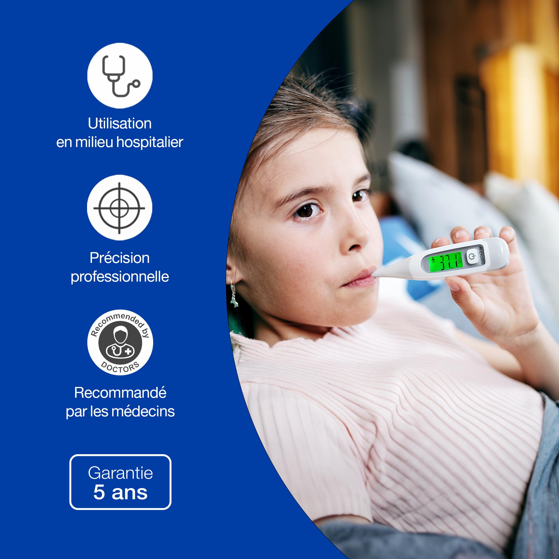 Microlife MT 850 Thermomètre Digital, Garantie à Vie, Qualité Professionnelle, Validé Cliniquement, 3 Modes Corps/Bain/Ambiant, Embout flexible, Ultra-rapide 8 sec, Alarme Fièvre, Écran Rétro-Éclairé