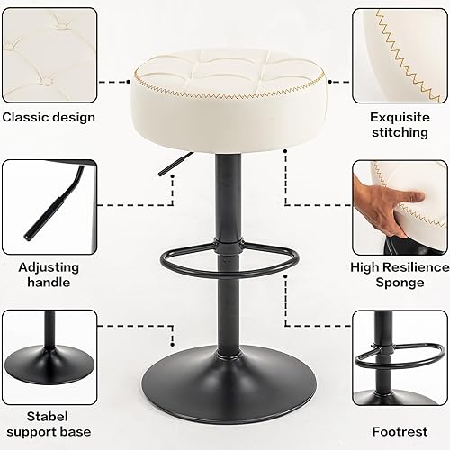 Miniatura 5 de Modernos taburetes circulares giratorios de altura ajustable, silla giratoria de altura de mostrador de 360, cómodo asiento de piel sintética, ideal