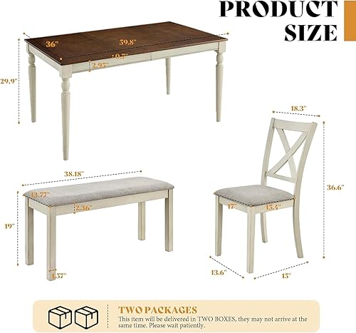 Miniatura 2 de AMERLIFE Juego de mesa de comedor de 6 piezas, mesa de madera maciza de 60 pulgadas, 4 sillas y banco tapizados, acabado blanco rústico y nogal,