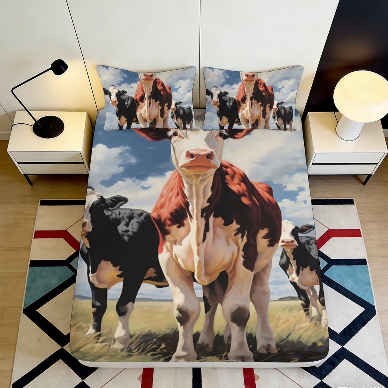 3D Printed Cow Pasture Fitted Sheet Microfiber Soft Black and White Cattle Bed Sheet for Bedroom Guest Room Decor 90x200x25cm