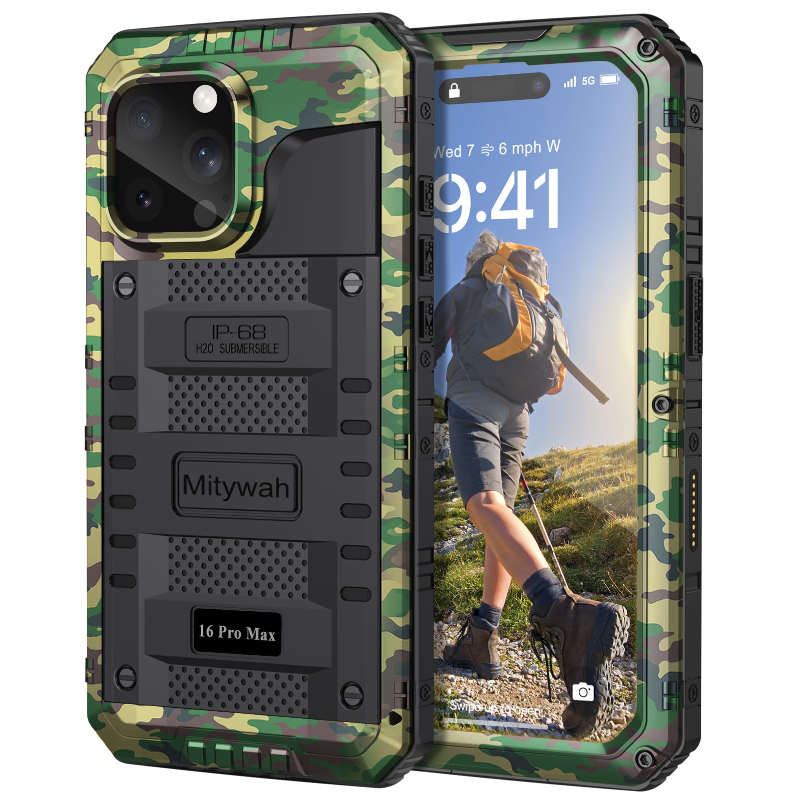 Mitywah Waterproof Case for iPhone 16 Pro Max, Heavy Duty Metal Cover with Built-in Screen Protector, Military Grade Full Body Shockproof Rugged