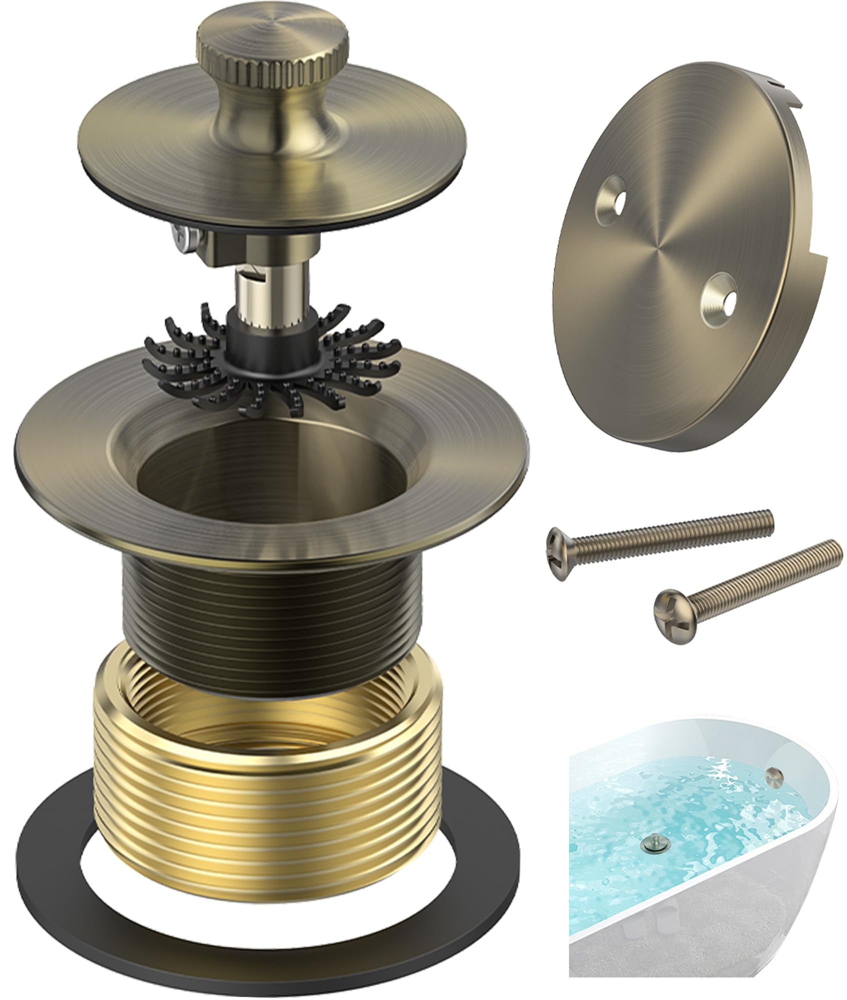 Antique Brass Bathtub Drain, Hair Catcher and 2-Hole Overflow Faceplate, 11.5/16 UNC, Lift and Turn Bathtub Drain Replacement, Tub Drain Stopper
