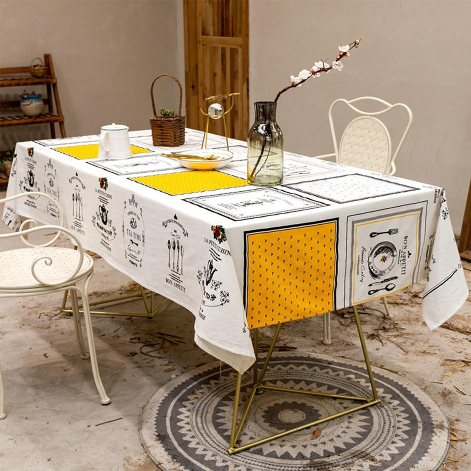 Nappe lavable 120 x 120 cm en coton et lin - Lavable - Grille carrée - Jaune et blanc