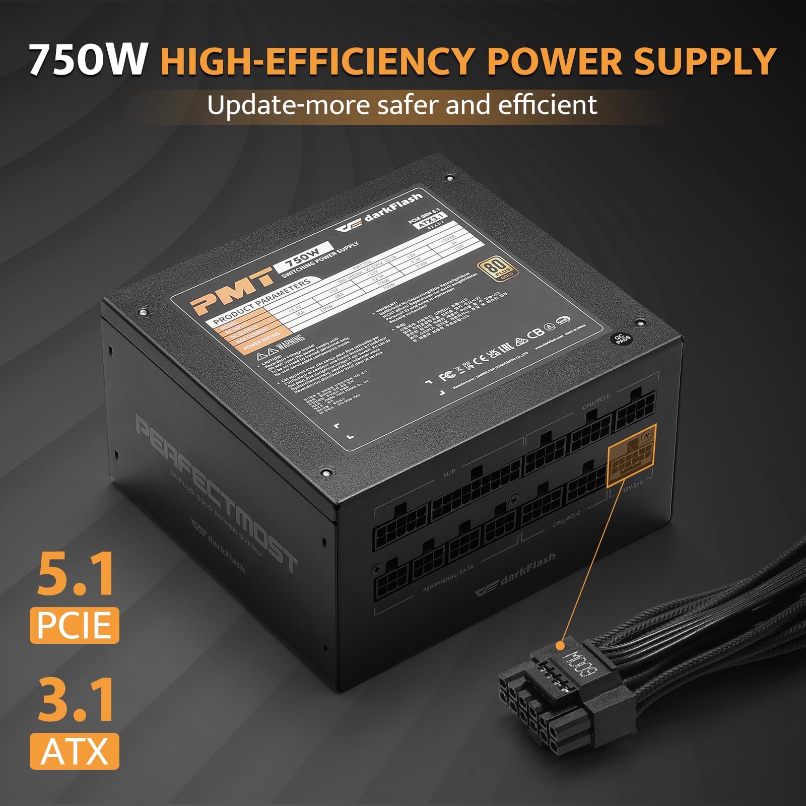 darkFlash PMT750 Fully Modular Power Supply ATX 3.1& PCIe 5.1 Ready, 12VHPWR Cable Included, 100% Japanese 105°C Capacitors, 80 Plus Gold Gaming PSU, Compact 150mm Size, 5 Year Warranty(Black)