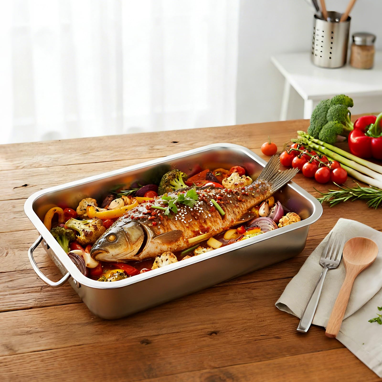 2 bandejas grandes para hornear, de acero inoxidable con asa, 40 cm, bandeja de horno extragrande para carnes grandes, verduras