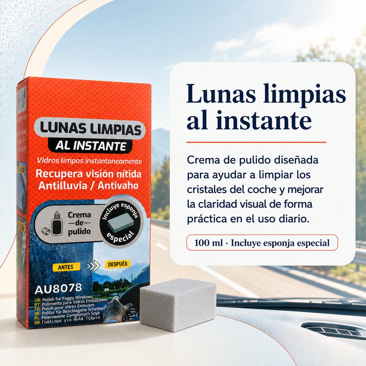 Pulimento Cristales Coche, Antilluvia y Antivaho, con Esponja, Pack de 12