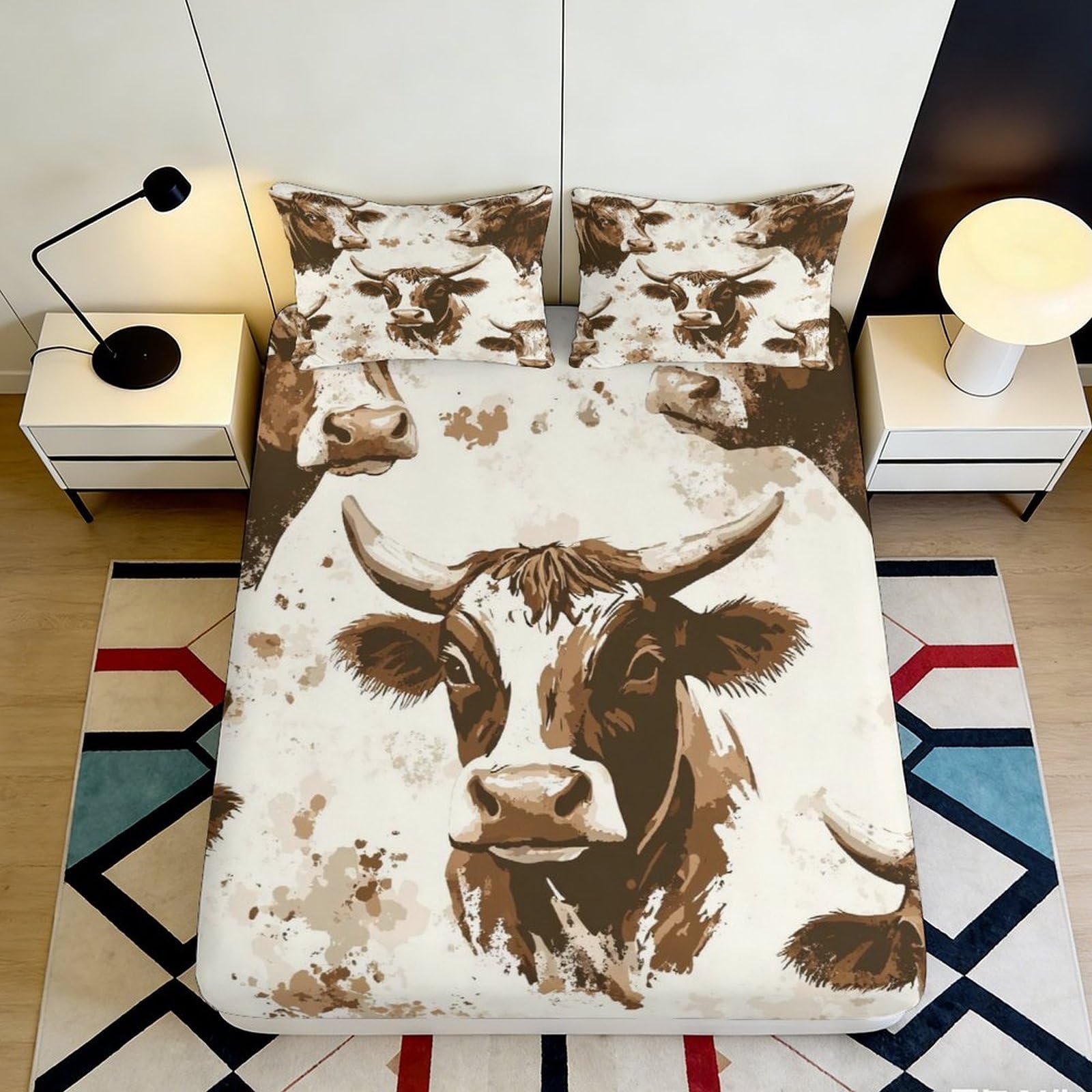 3D Printed Brown Cow Fitted Sheet Microfiber Soft Breathable Western Farmhouse Mattress Cover for Bedroom Guest Room 90x200x25cm