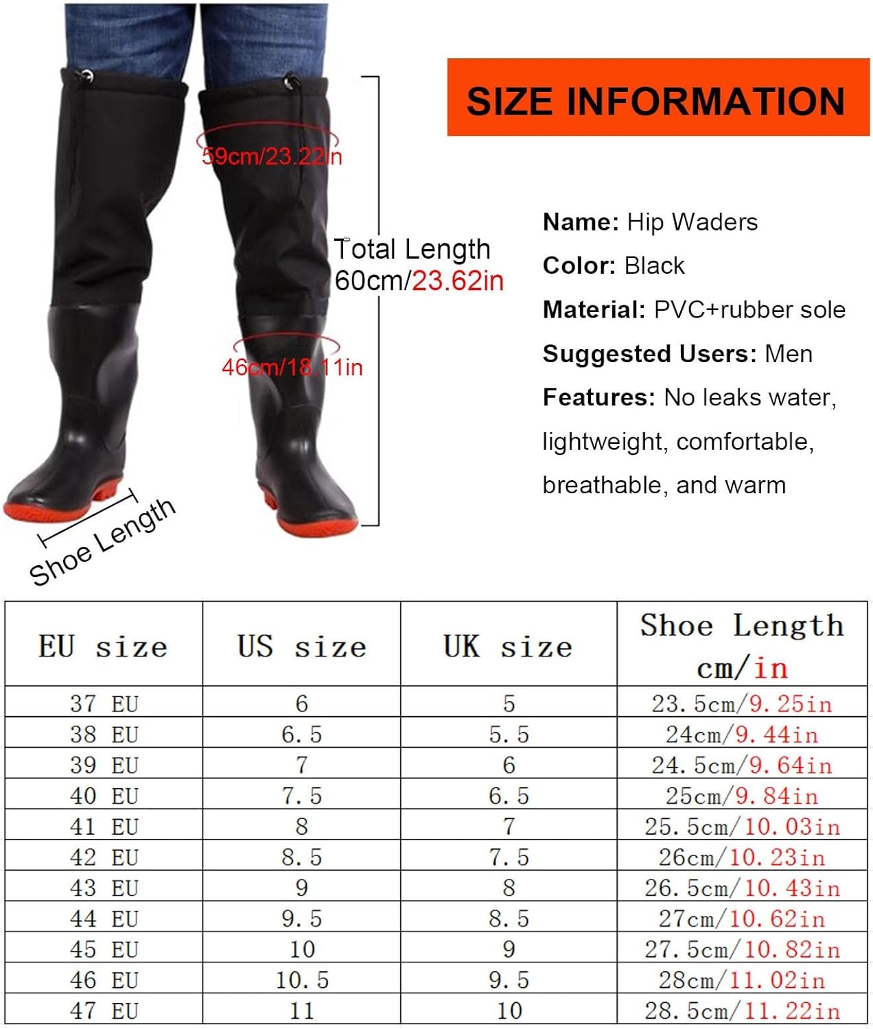 Hip Waders 60cm High Knee Fishing Hip Waders Boots for Men, Winter Warm Plush Long Boots, No Leaks Water