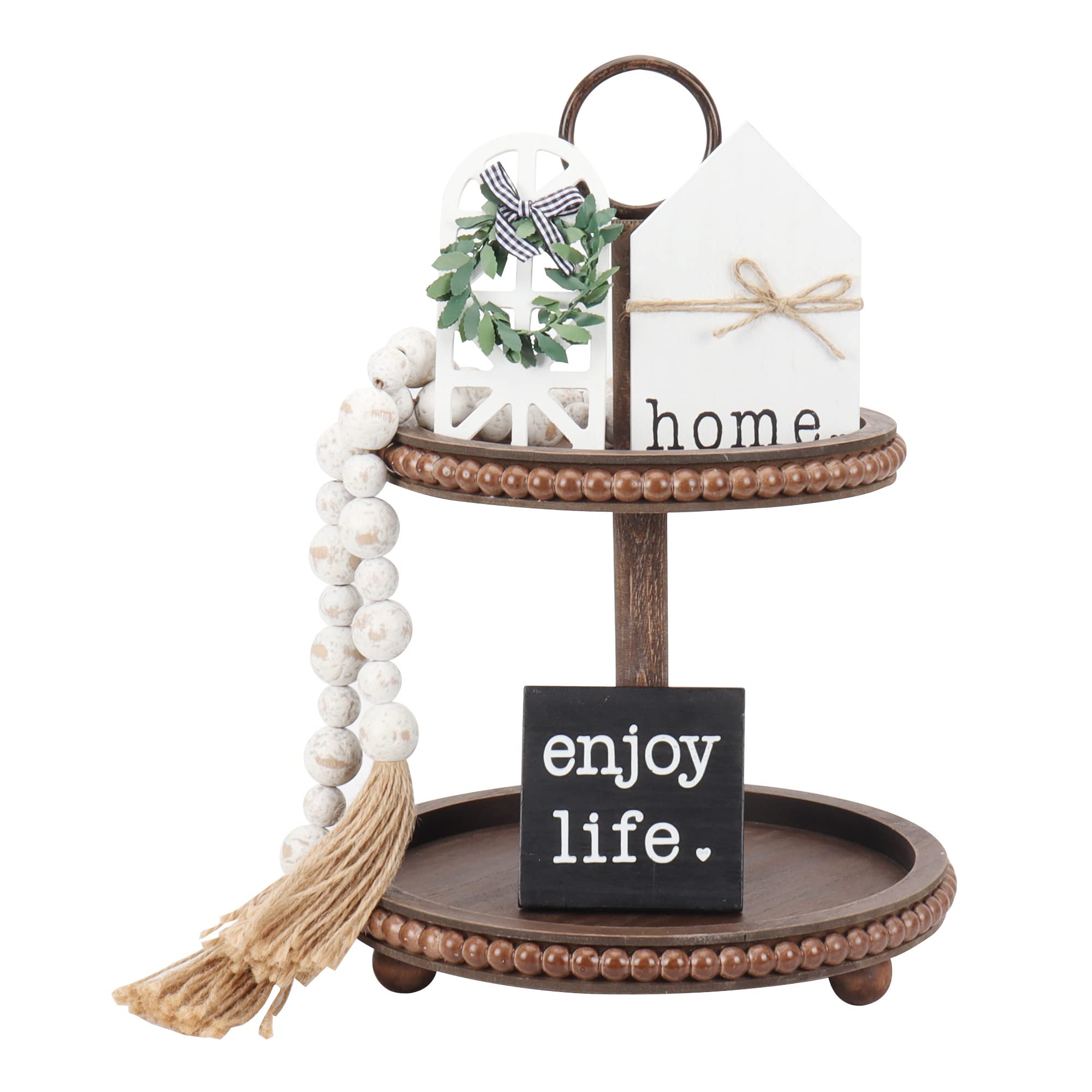 GENMOUS & CO. 2 Tiered Beaded Serving Tray Wooden Farmhouse Decorative with 3pcs Tiered Tray Decor Signs and 1pc Wood Bead Garland for Country Rustic Dinning Entryway Coffee Table Tray (Dark Brown)