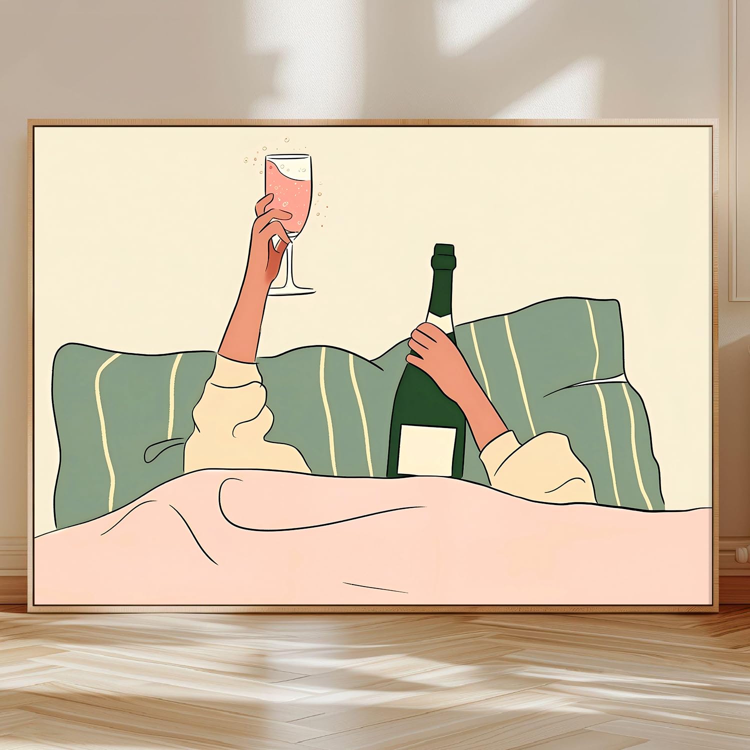 Women Drinking Wine Wall Art Champagne in Bed Poster Alcohol Drink Painting Pink Bar Cart Picture Wall Decor Coquette Aesthetic Posters Feminist