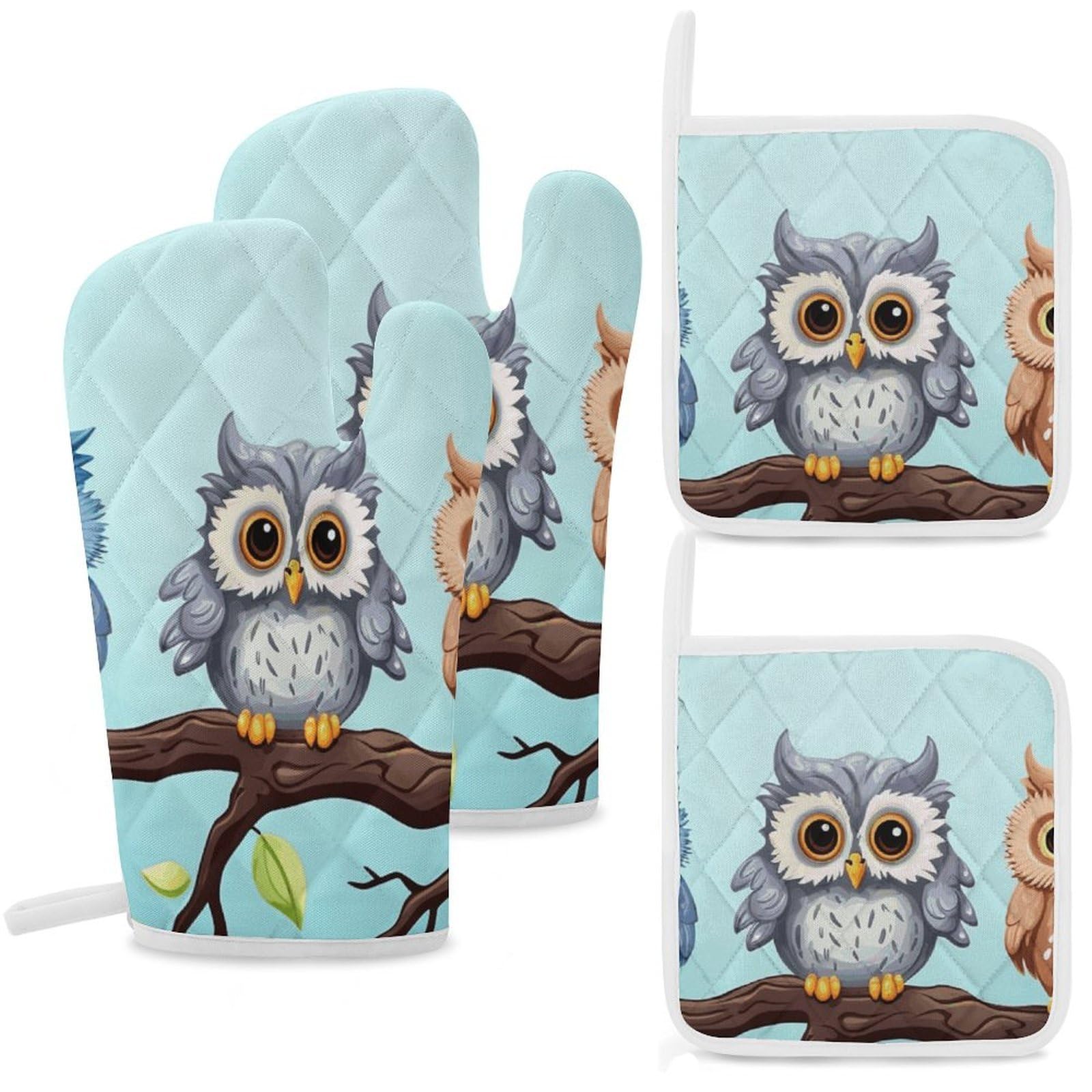 Owls on A Branch Oven Mitts and Pot Holders Sets Heat Resistant Oven Glove with Hanging Loop for Baking Cooking BBQ Thicken Potholders for Kitchen
