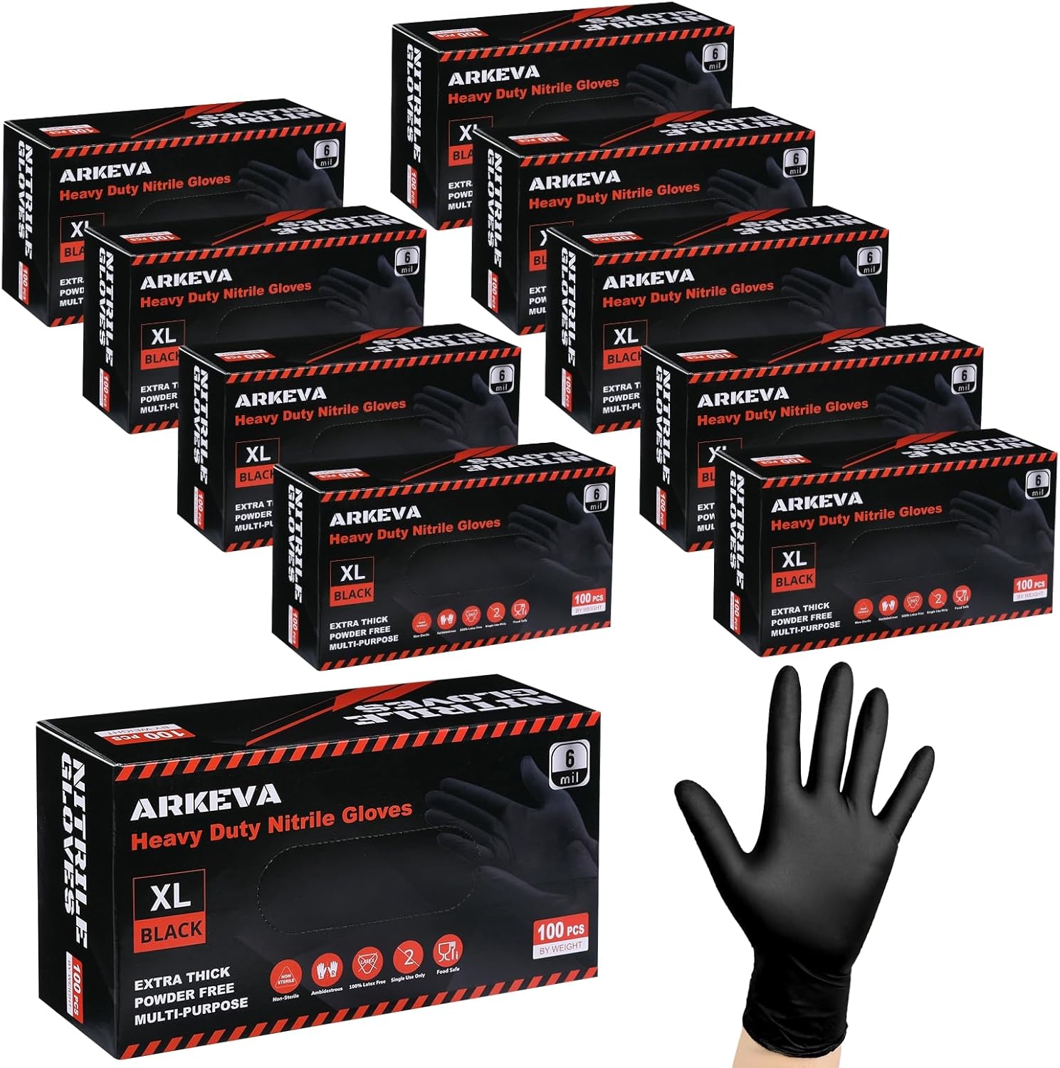 ARKEVA Black Nitrile Disposable Gloves 6 Mil. Chemical Resistance, Tear-Resistance, Latex & Powder Free