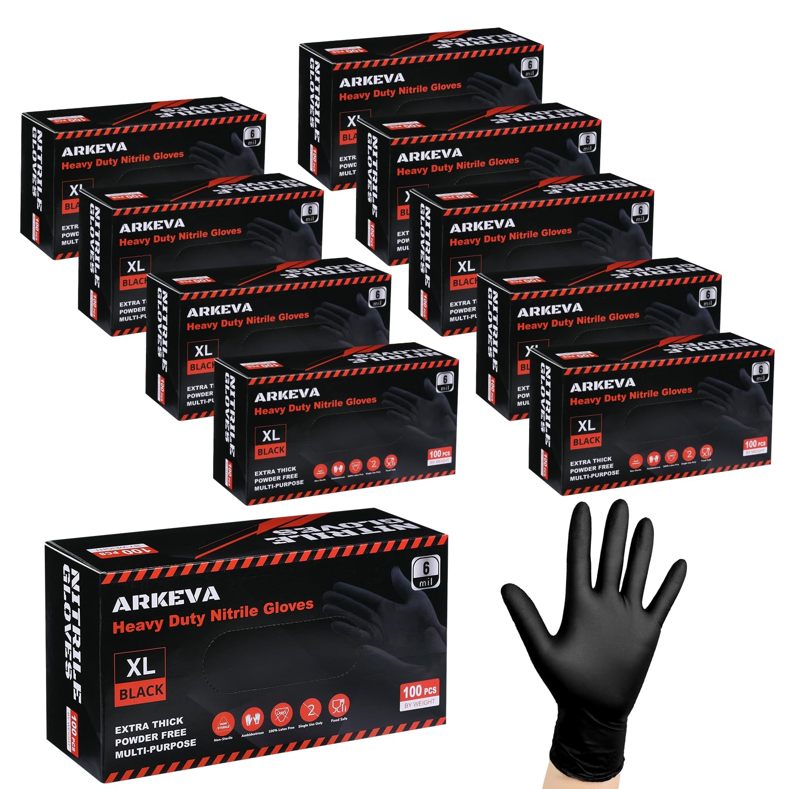 ARKEVA Black Nitrile Disposable Gloves 6 Mil. Chemical Resistance, Tear-Resistance, Latex & Powder Free