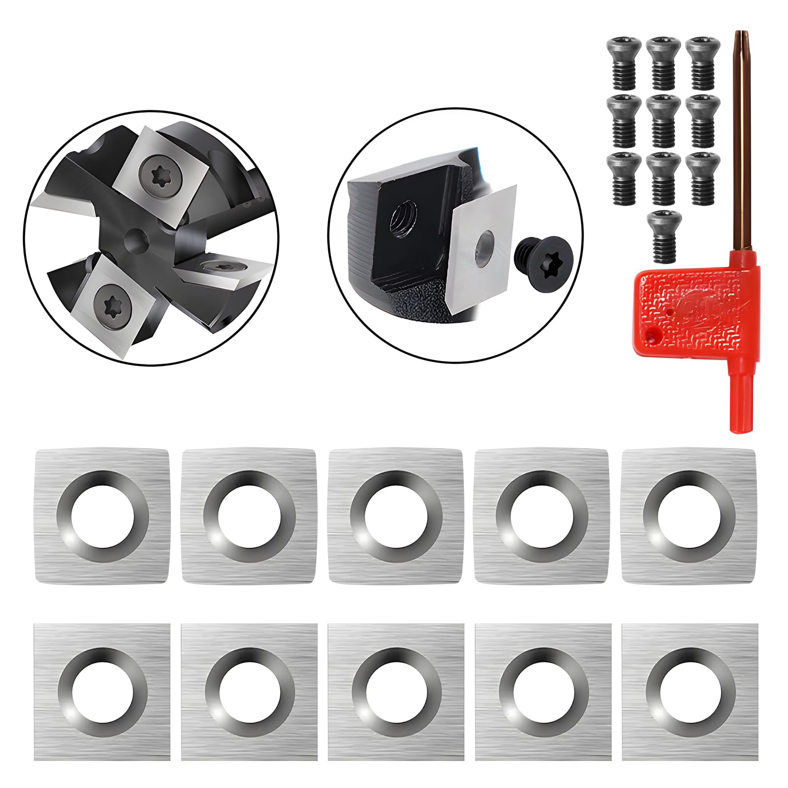 Twotrees 10 Pcs Tungsten Carbide Cutters Inserts Set for Wood Lathe Turning Tools, Include 5 Pcs Square 14 mm Square Edge, 5 Pcs Square 14 mm Rounded edge, Supplied With Screws and Screwdriver (14mm)