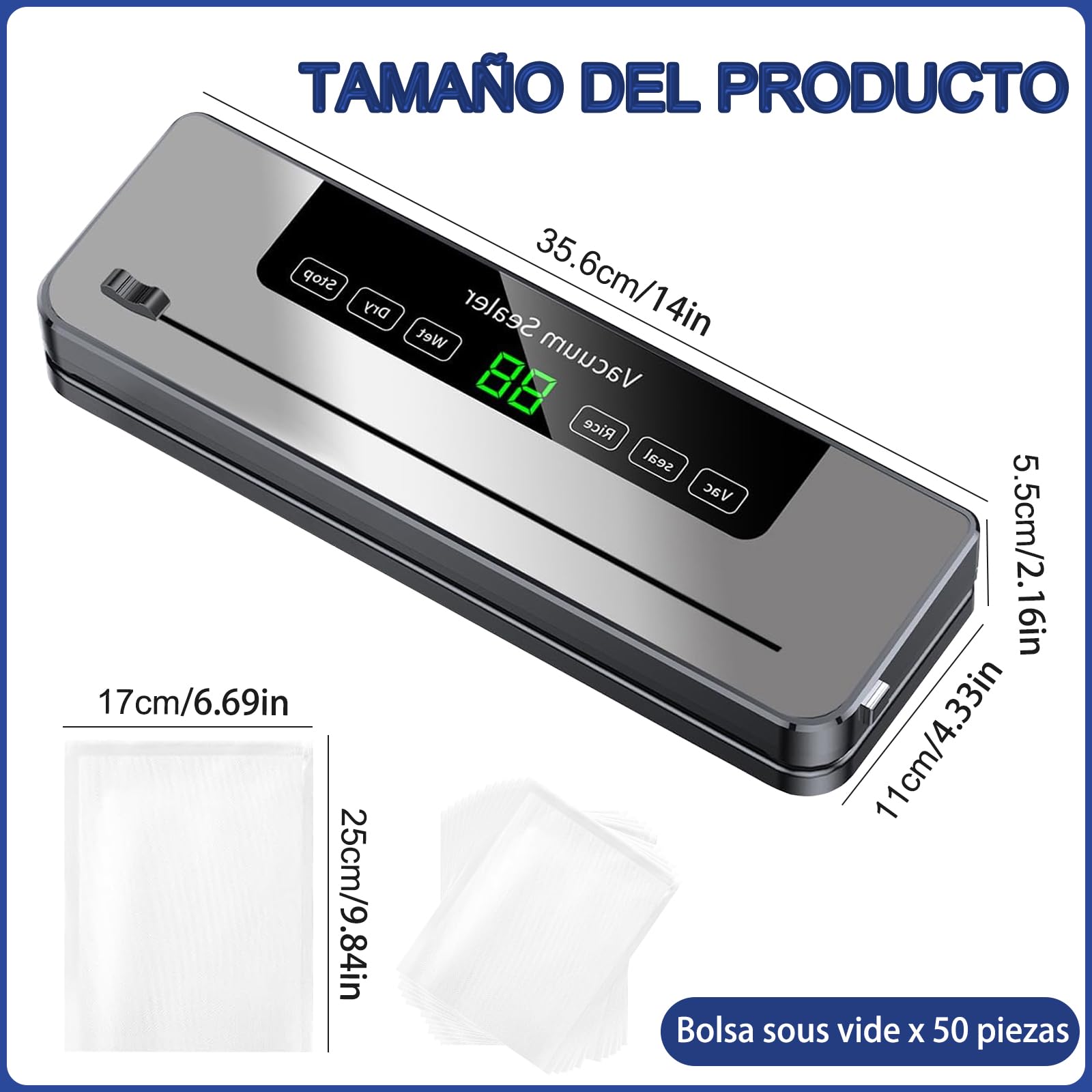 Máquina Selladora al Vacío de Alimentos, con 50 Bolsas de Vacío, Dispositivo de Envasadora al Vacio Multifuncional 5 en 1, con Modo húmedo y Seco Para Almacenar Frutas, Verduras, pan, Carne