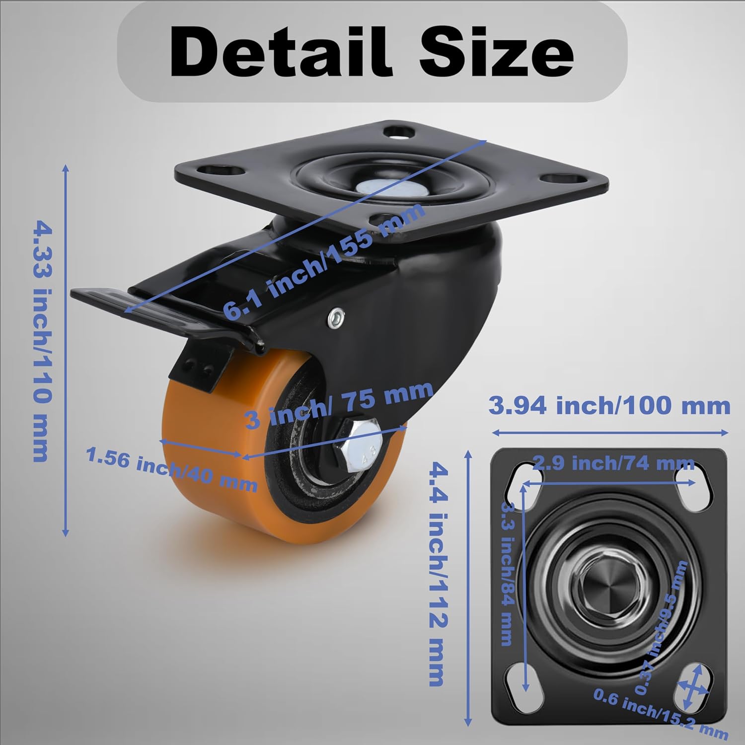 3” Steel Hub Caster Wheel Heavy Duty Swivel Caster Wheels with Brake Set of 4 Industrial Grade Casters Load 2400lbs Wheels for Trailer, Saw, Table, Stage, Toolbox, Bed, Corn Board, Equipment