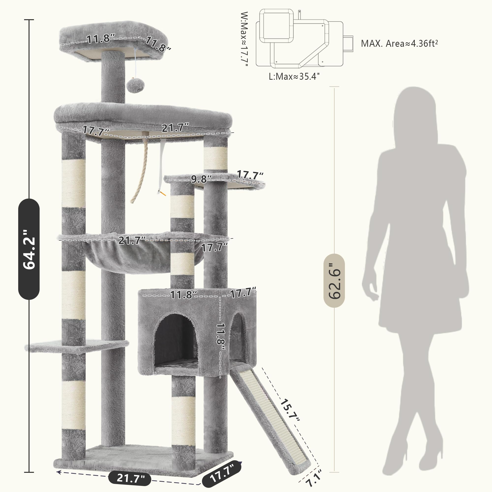 Heybly Albero Tiragraffi per Gatti Robusto 163 cm, Struttura Allargata con Grandi Piattaforme. Graffioio in Sisal Integrato, Amaca XXL e Cuccia. Mobile Design Stabile per Gatti, Grigio Chiaro HCT027W