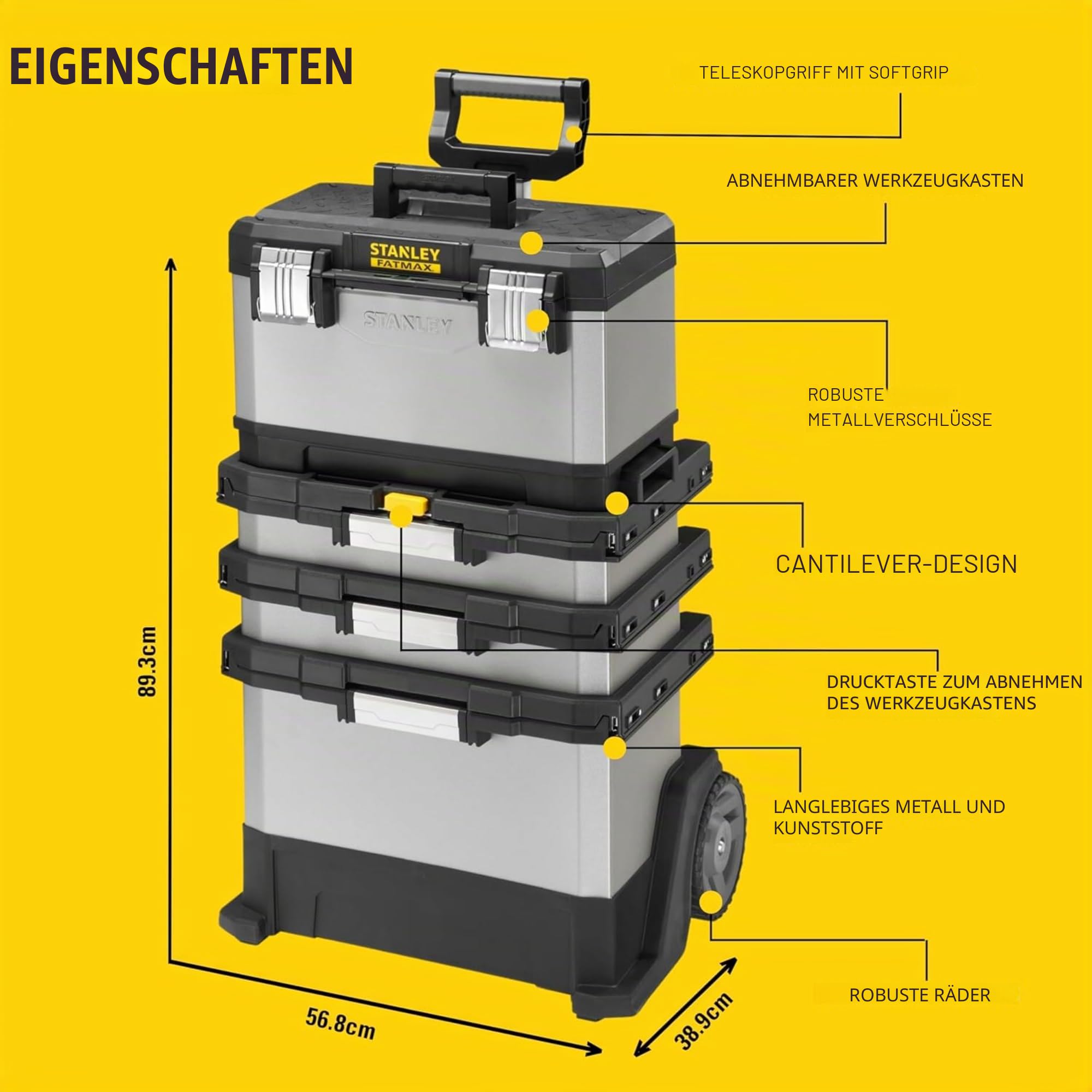STANLEY FATMAX Rolling Workshop, 4-in-1-Geräte einschließlich abnehmbarer Werkzeugbox, strapazierfähiges Metall und Kunststoff, mobile Workstation, 1-95-622