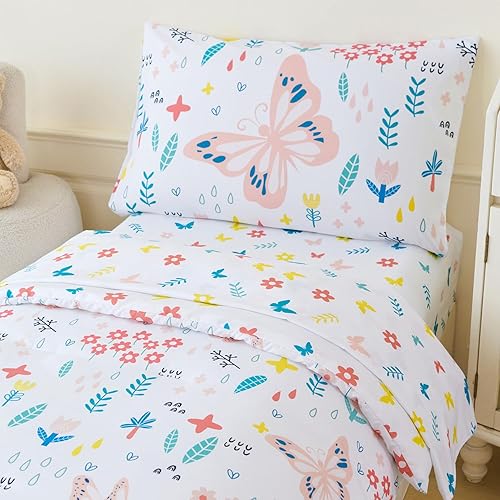 Miniatura 3 de PERFEMET Juego de edredón floral para niñas, tamaño individual, juego de ropa de cama de flores botánicas de 4 piezas, patrón de mariposa, ropa de